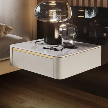 Modern White Floating Nightstand 1 Drawer Bedside Table with Sintered02Stone Top